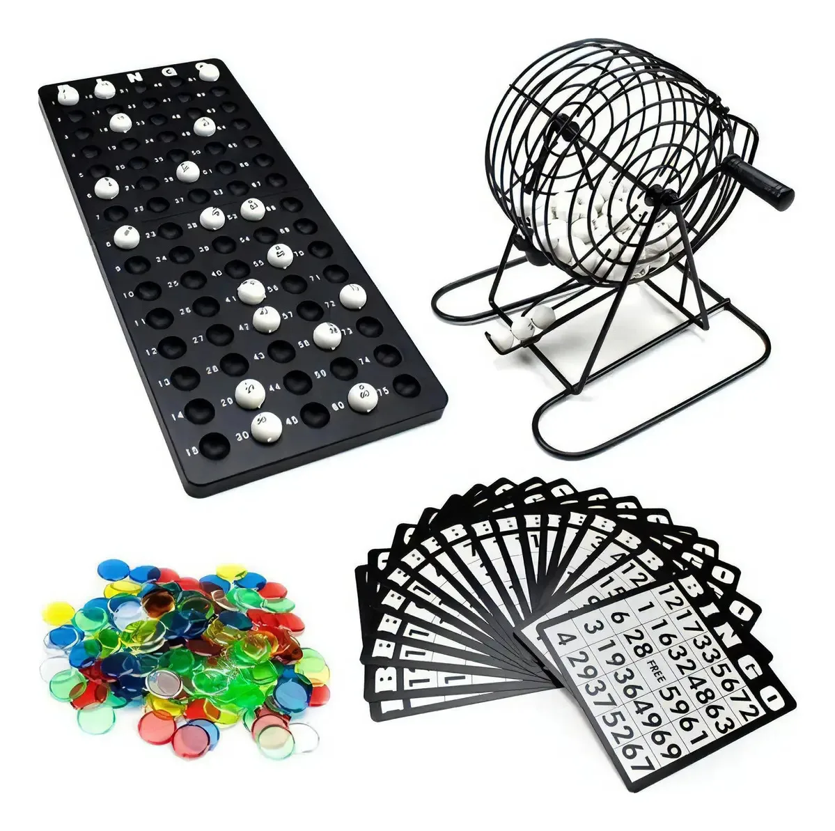 Set de Bingo completo con tómbola, 75 bolas, 18 cartones y 150 fichas