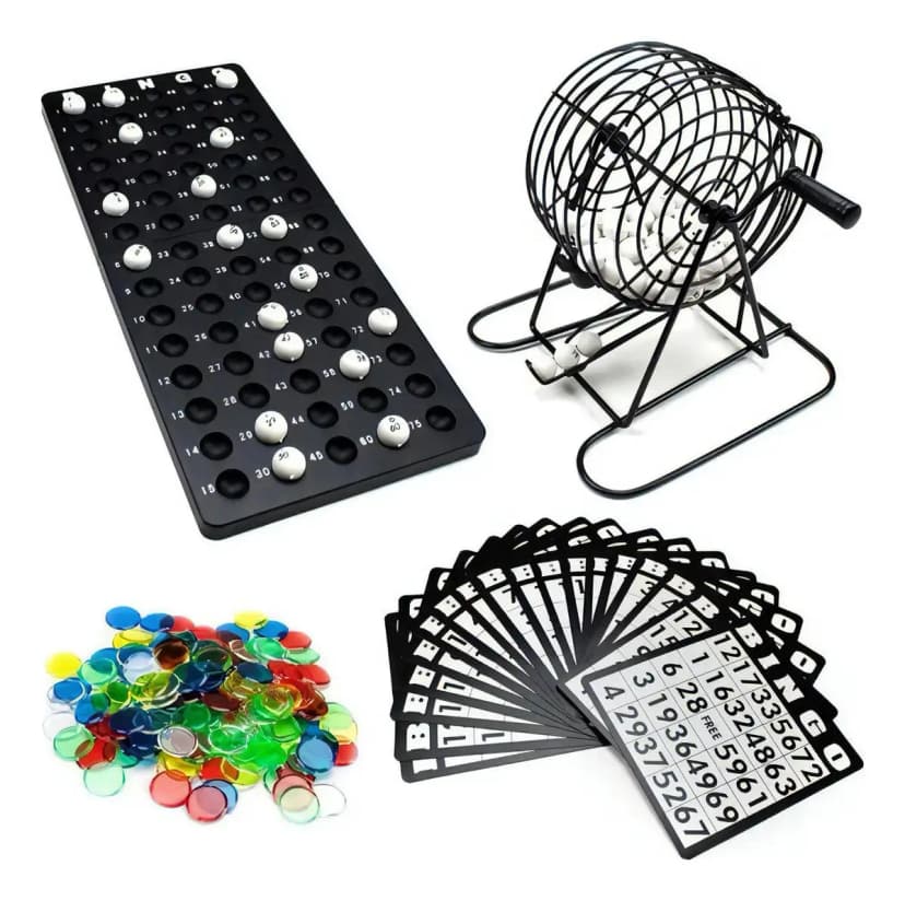 Set de Bingo completo con tómbola, 75 bolas, 18 cartones y 150 fichas