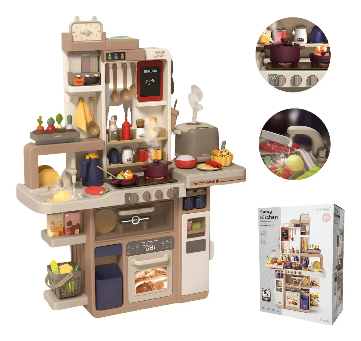Cocina de Juguete Grande 93 cm con 88 piezas, vapor, grifo y luces